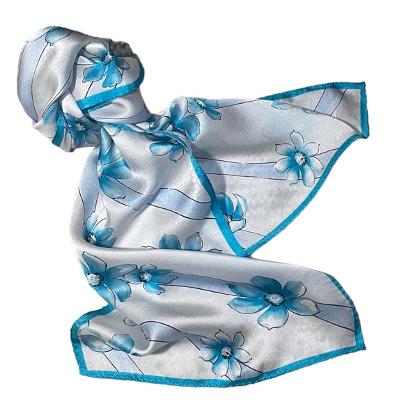 100% Silk Scarf - ELAINE GOLD for Collection XIIX - Blue White Floral 53” x 10” - Picture 6 of 13